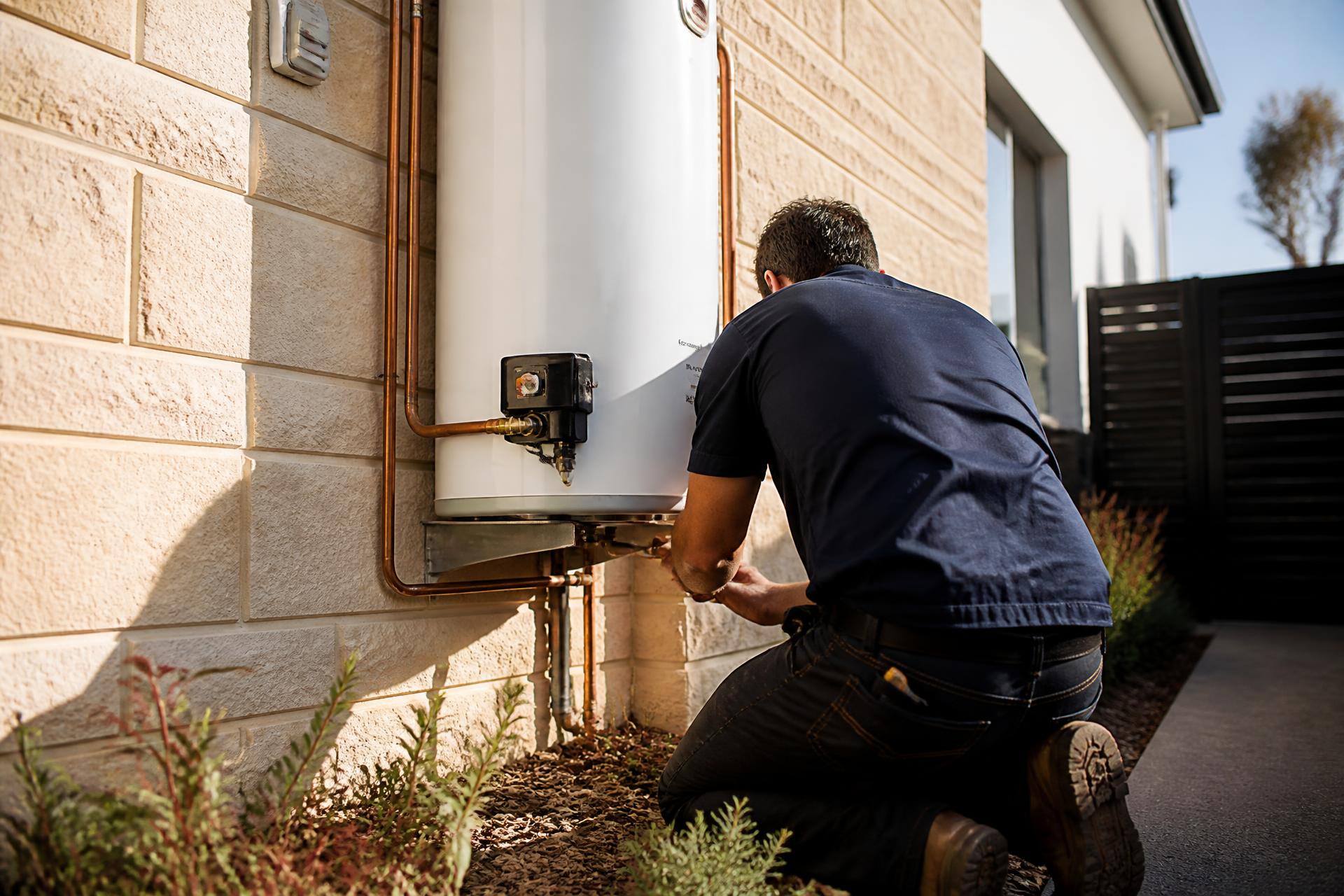 A hot water tank being serviced at the side of a Hobart home.
