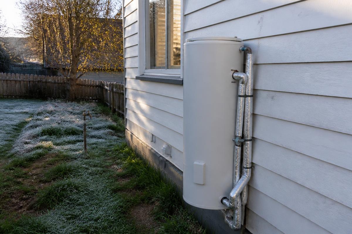 A southern Tasmanian weatherboard home on a frosty morning with an outdoor hot water system and lagged copper pipework.