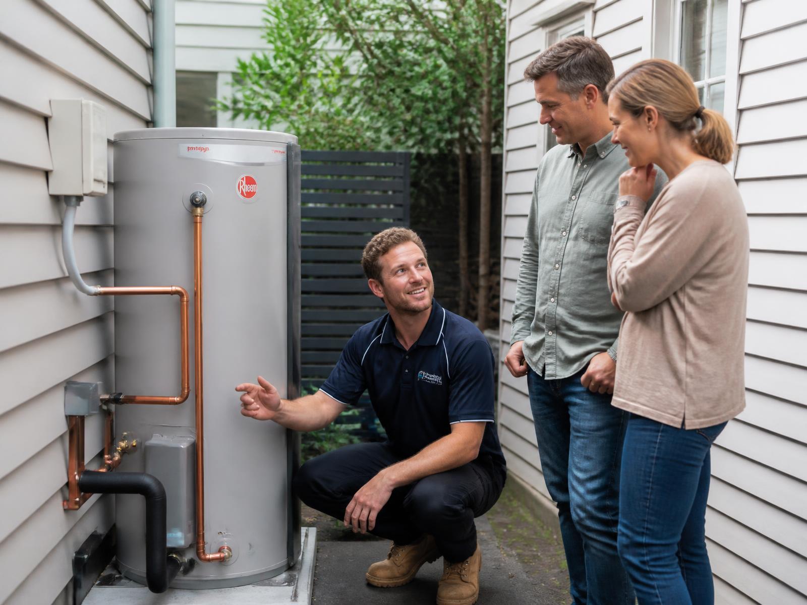 Hobart plumber explaining a newly installed hot water system to homeowners