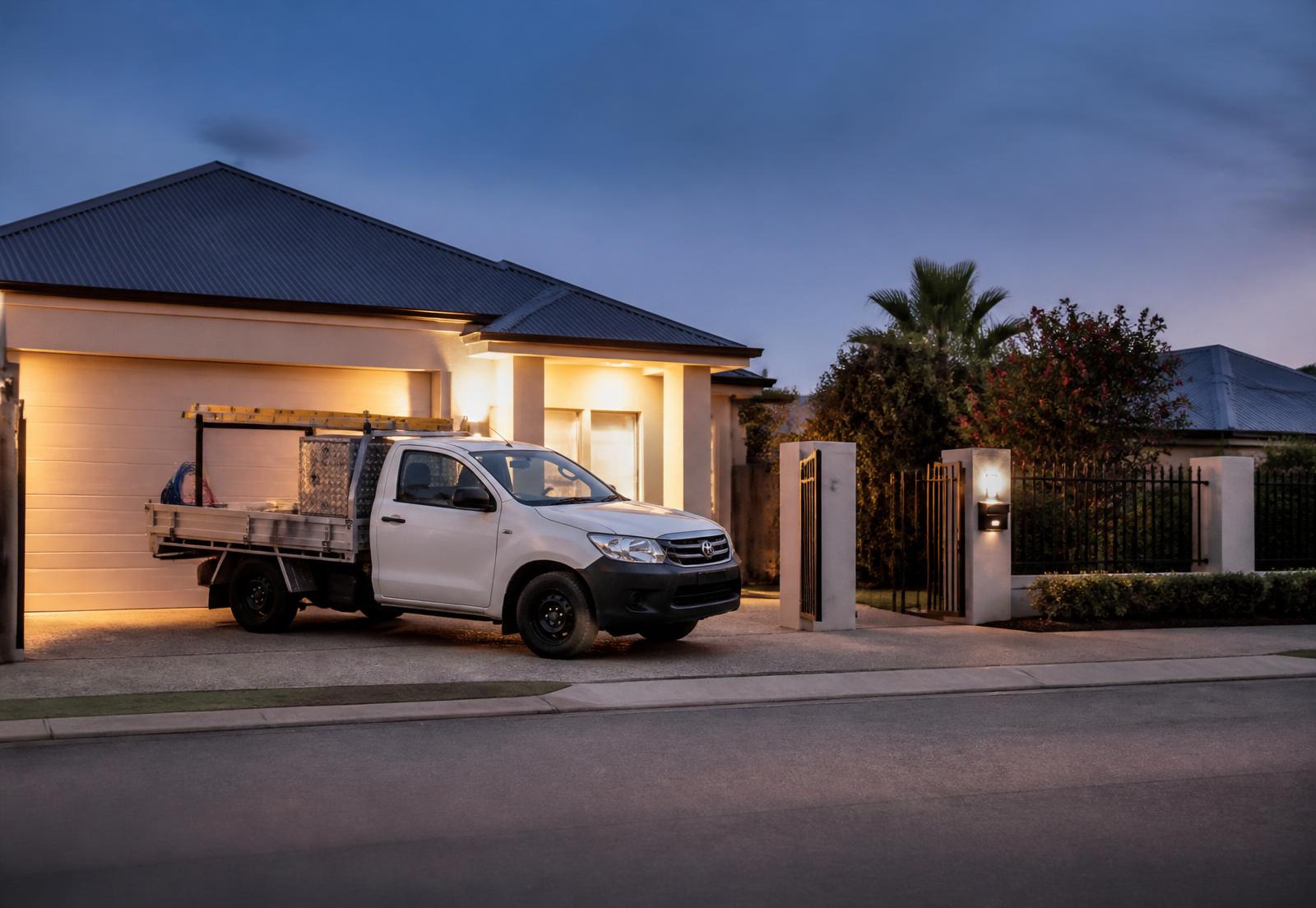A service van in a Hobart driveway at dusk.