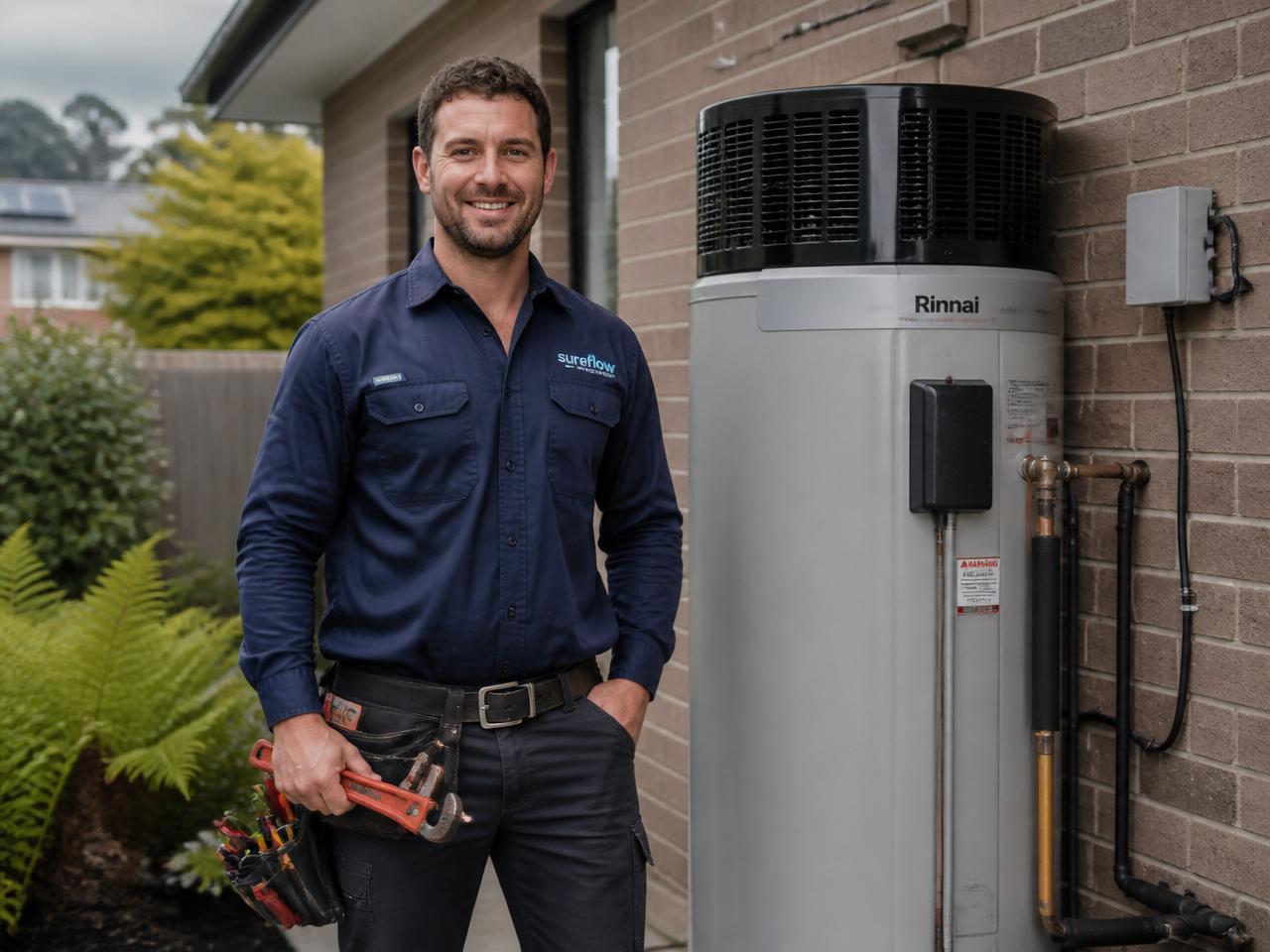 Local Hobart hot water plumber standing beside a residential hot water system